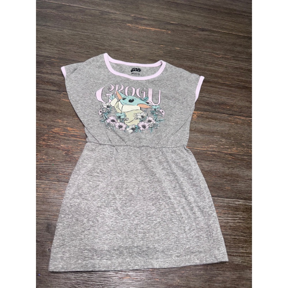 Star Wars Grogu Floral Graphic Dress Heather Gray Pink Trim XS 4-5